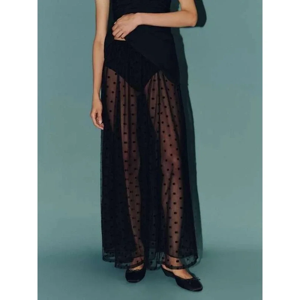 Reformation Gemma Skirt Women 6 Black Polka Dot Sheer Maxi NWT Flocked Mesh